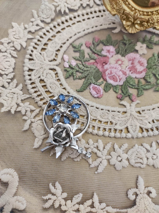 Antique Blue Rhinestone Flower  brooch