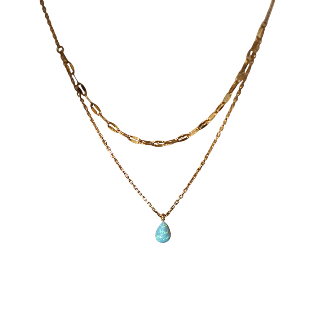 18K Gold Blue Tears Small Artificial Opal Blue Water Drop Glitter Double Layer Necklace