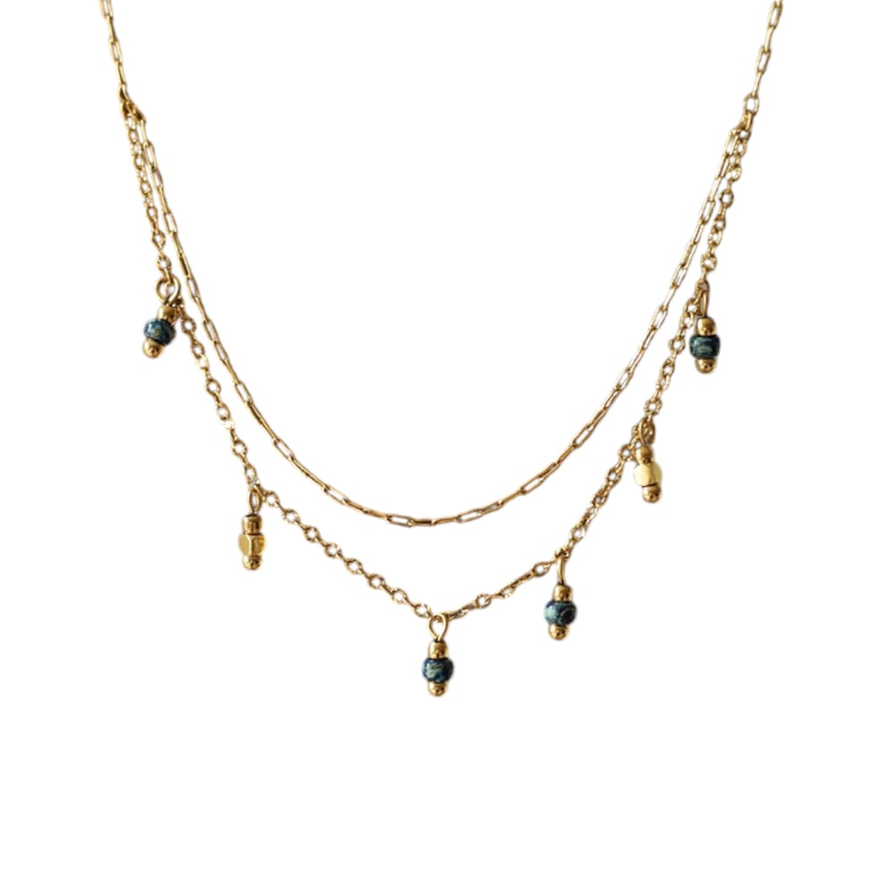 18K gold Antique style blue bead pendant stacked  with colored stone  clavicle chain