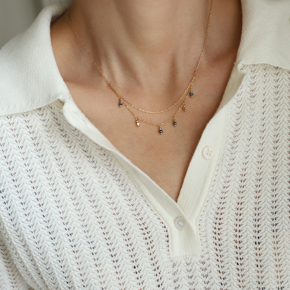 18K gold Antique style blue bead pendant stacked  with colored stone  clavicle chain